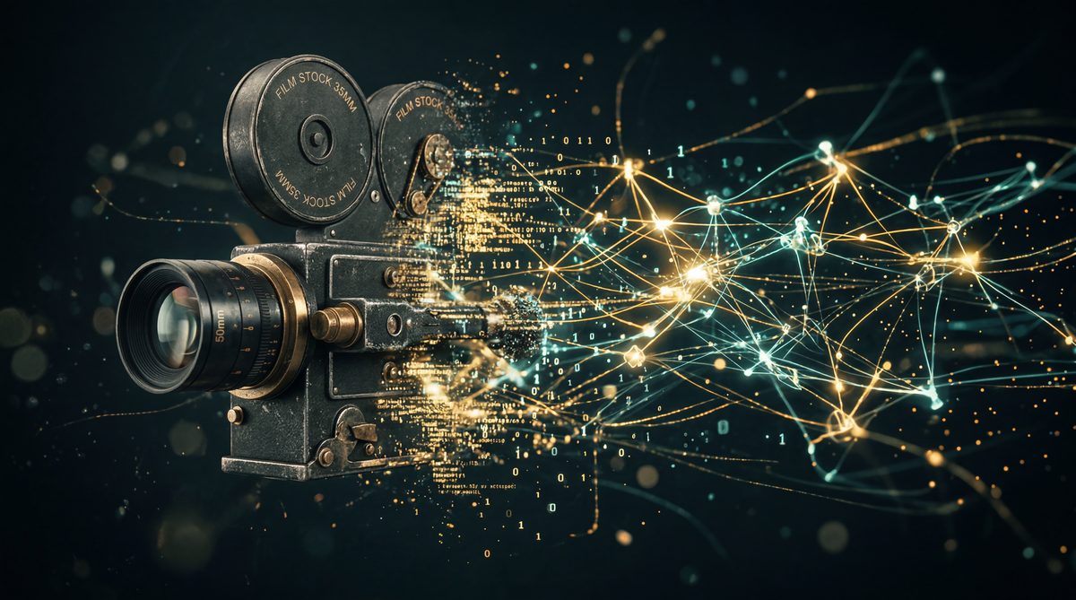 Vintage film camera dissolving into AI neural networks